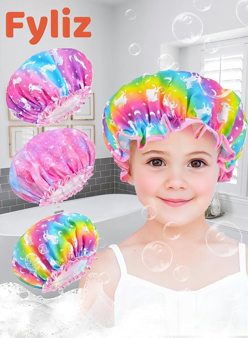 Fyliz Little Boys and Girls Shower Cap - Cute Rainbow Long Hair Children's Adjustable Waterproof Toddler Head Cap For Kids While Taking Shower - Image 1